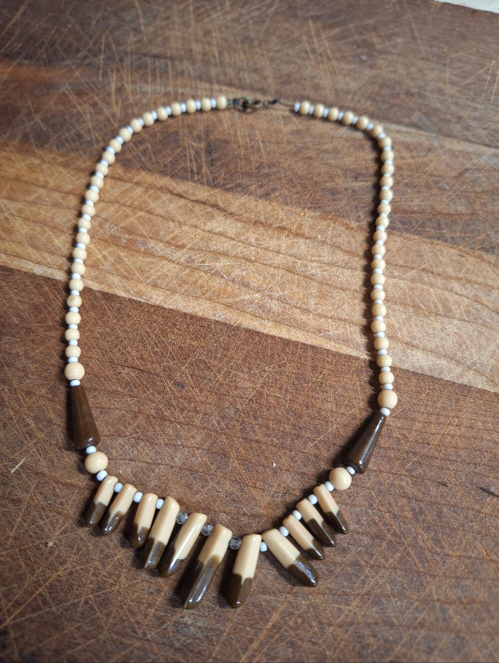 Vintage Molded European Glass Beaded Necklace Tribal Exotic Faux TEETH or Spine